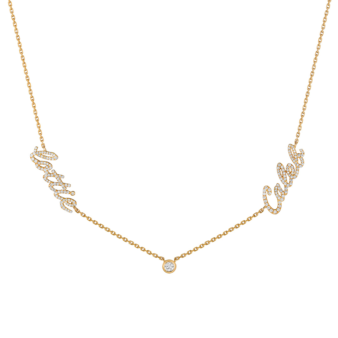 Yellow Gold 2 Name Necklace with a small round diamond on a white background.