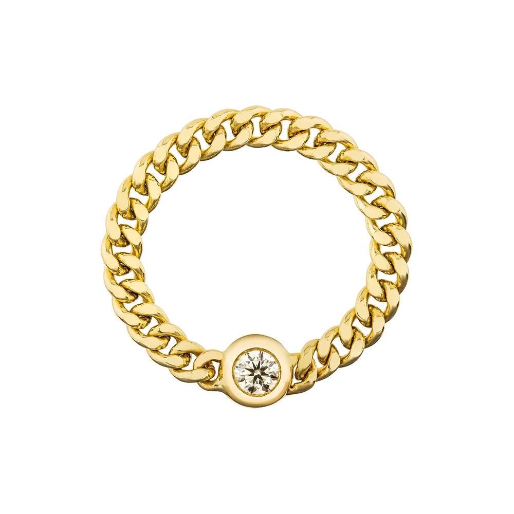 Yellow Gold Bezel Diamond Chain Ring on white background.