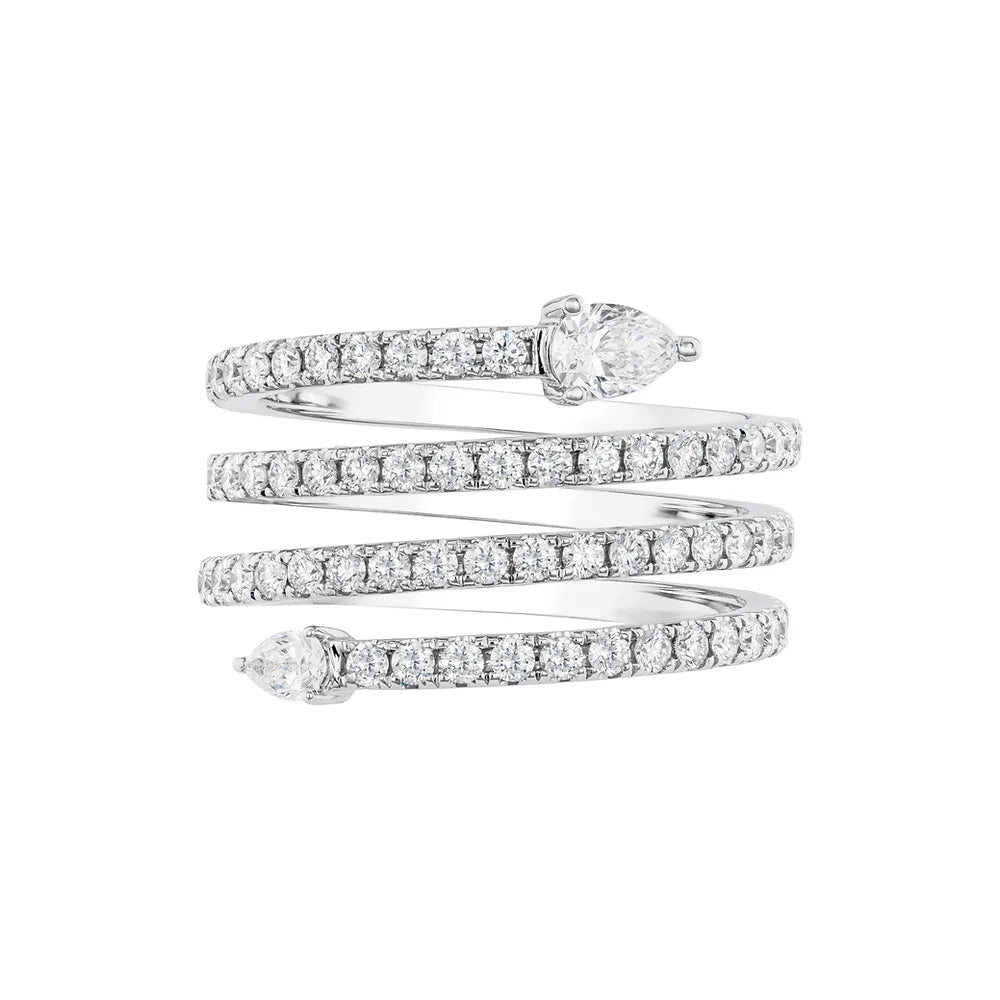 White gold Coil Ring with Pear Shaped Diamonds on white background.