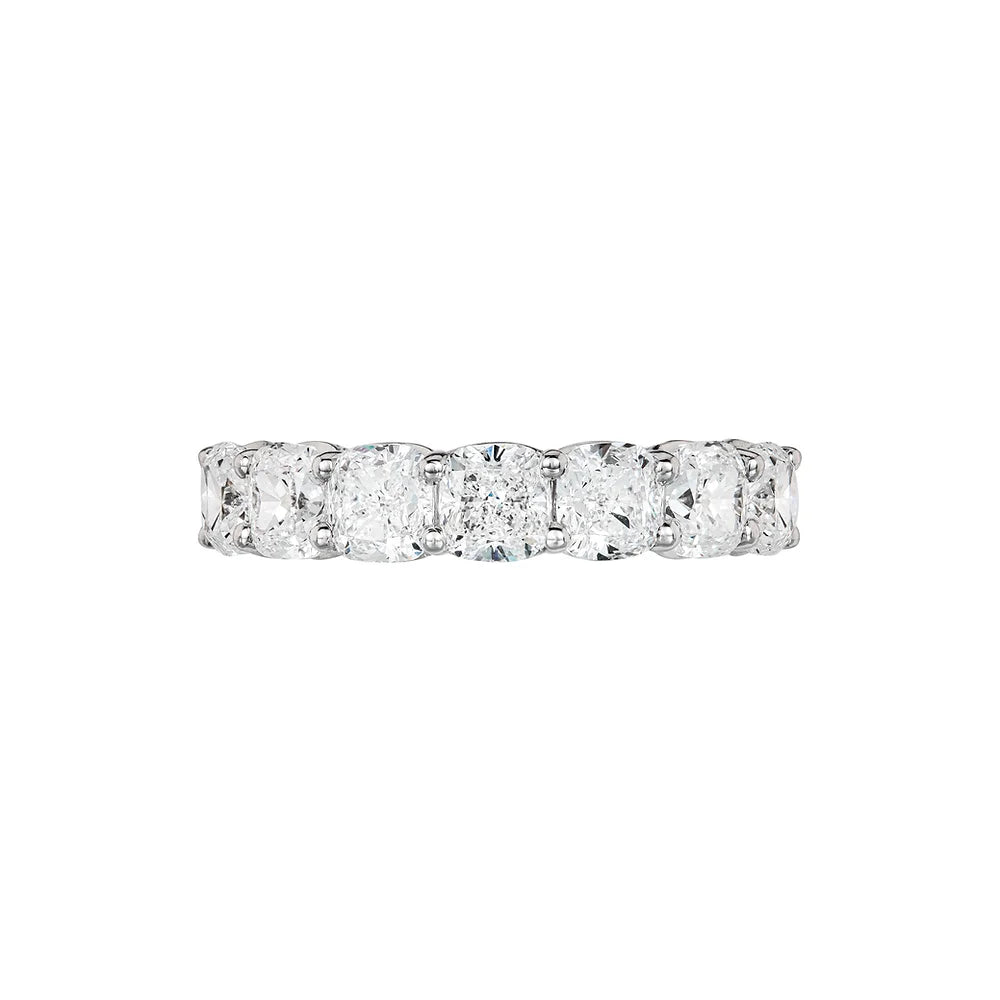 White Gold Cushion Cut Eternity Band on white background