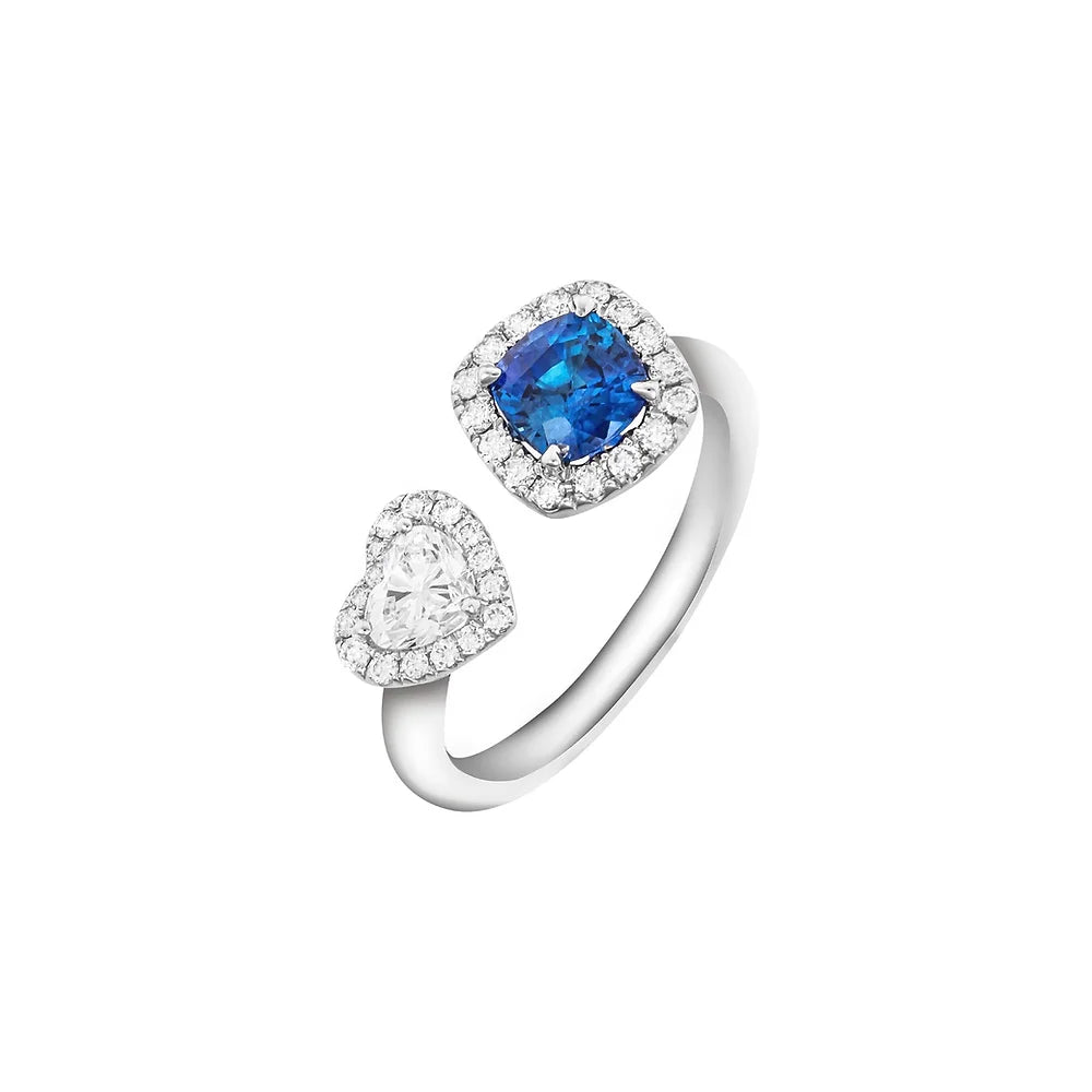 White Gold Cushion Sapphire and Heart Diamond Open Ring on white background.