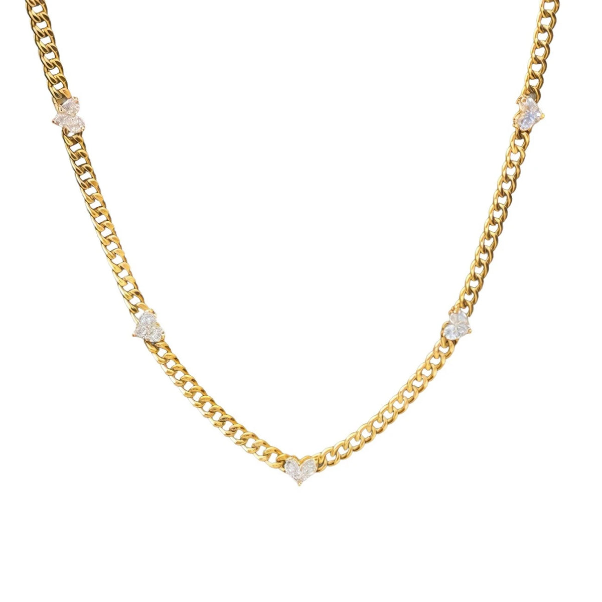 Yellow Gold Cuban Necklace with Heart Shaped Diamonds