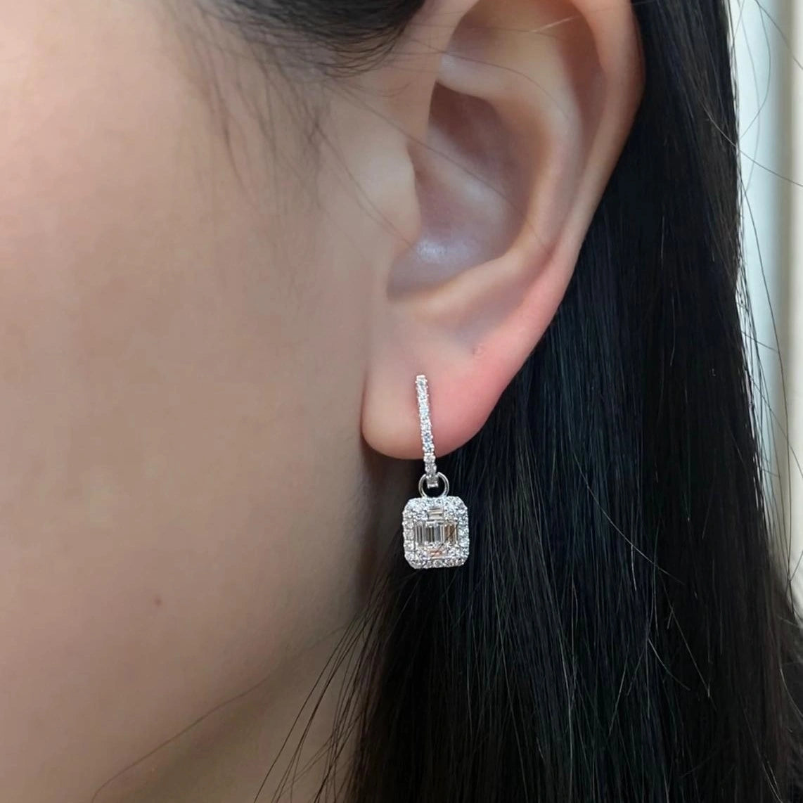 Illusion Emerald Cut Diamond Dangling Earrings