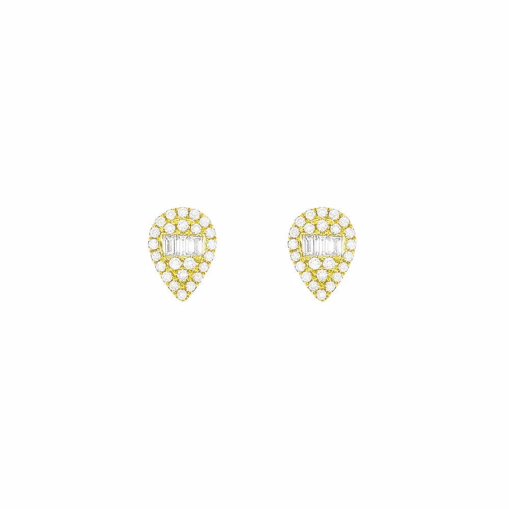 Yellow gold Pear Shaped Studs on white background.