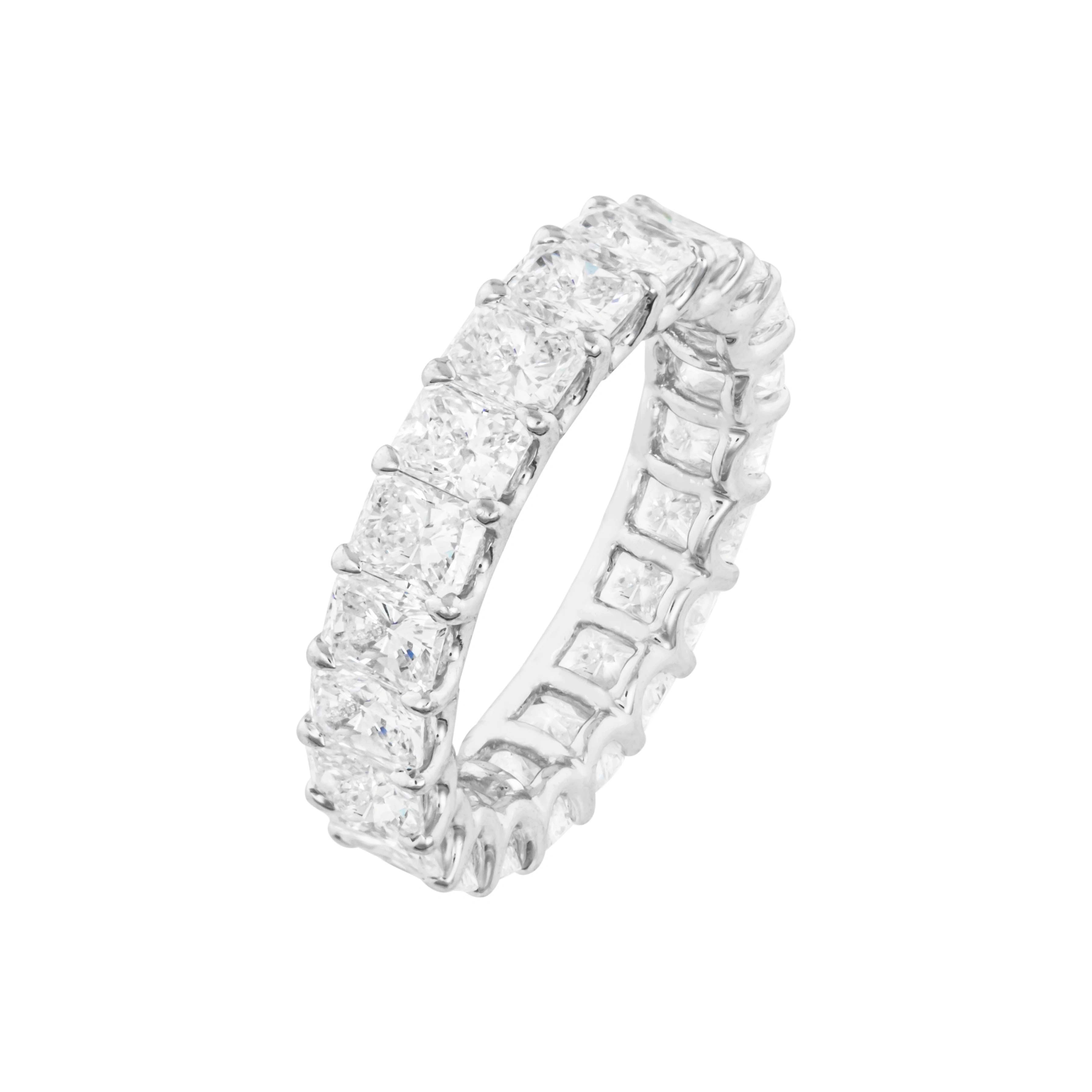 White gold radiant eternity ring with white background