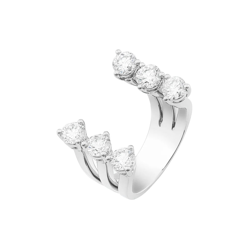 White Gold Six Stone Diamond Open Ring on white background.