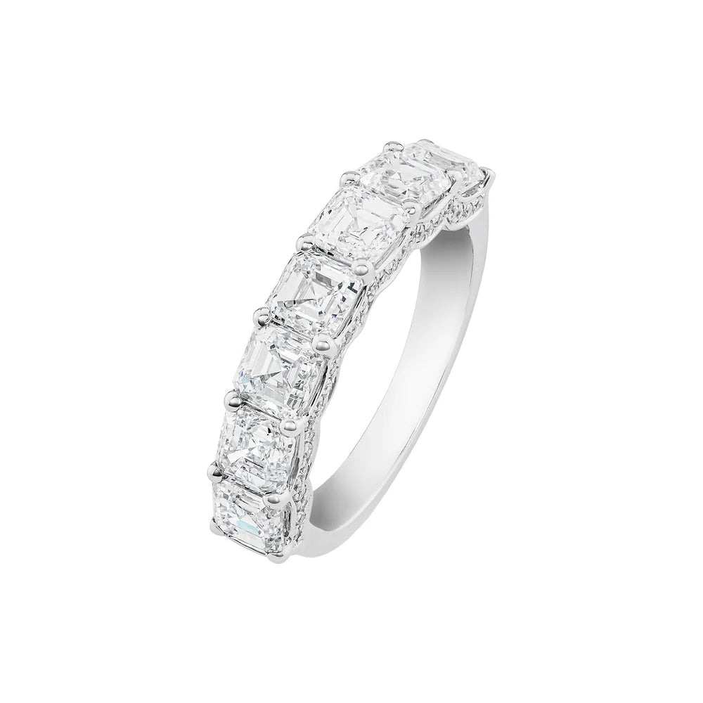 White gold Asscher Cut Half Eternity Ring on white background.