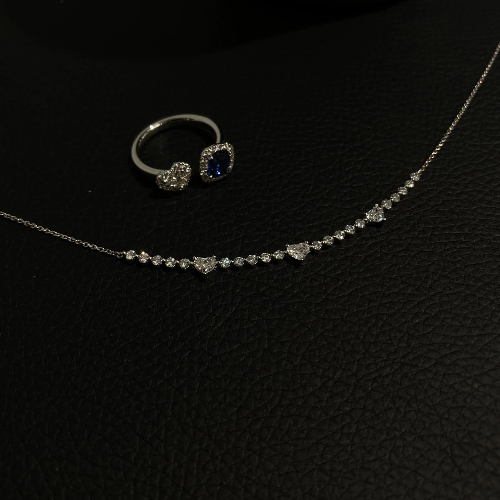 Cushion Sapphire and Heart Diamond Open Ring