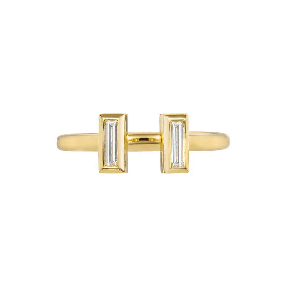 Yellow gold Baguette Bezel Open Ring on white background.