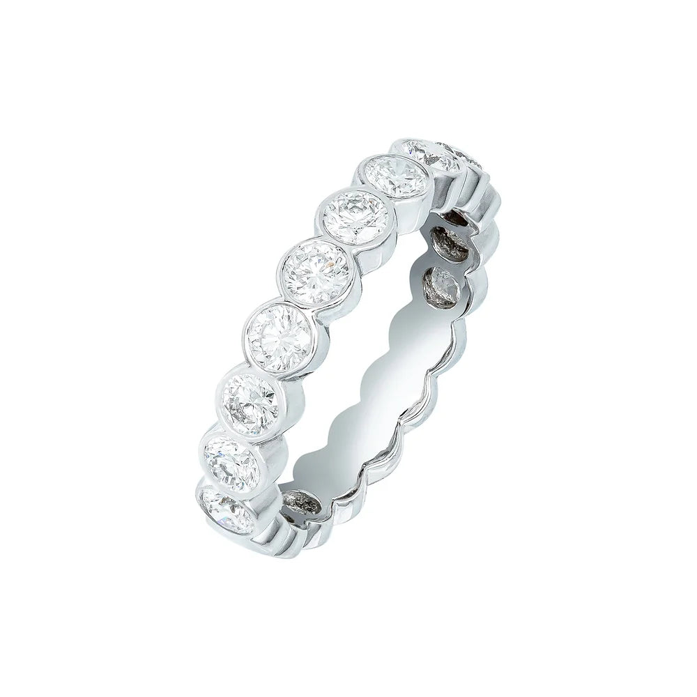 White gold Bezel Diamond Eternity Ring on white background.