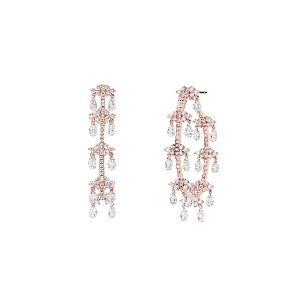 Rose gold Briolette Diamond Hoops on white background.