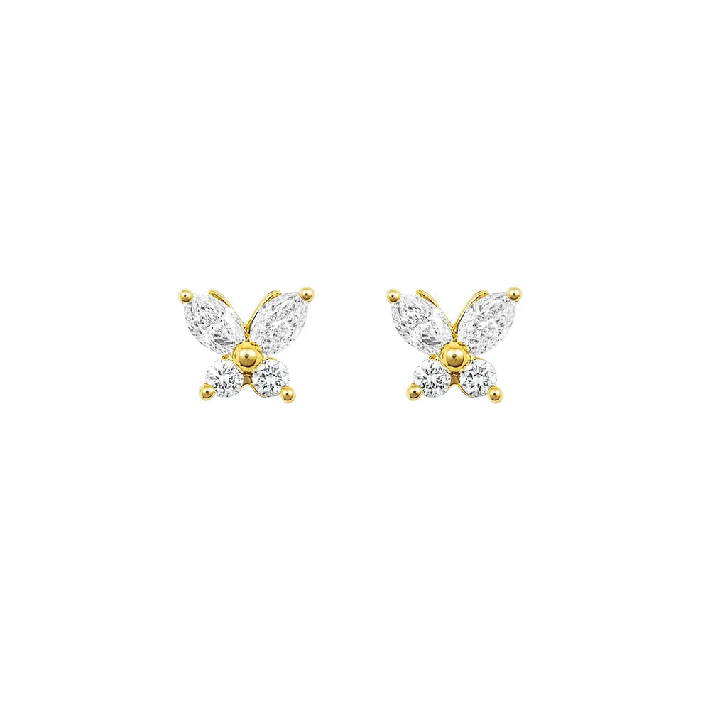 Yellow Gold Butterfly Diamond Studs on white background