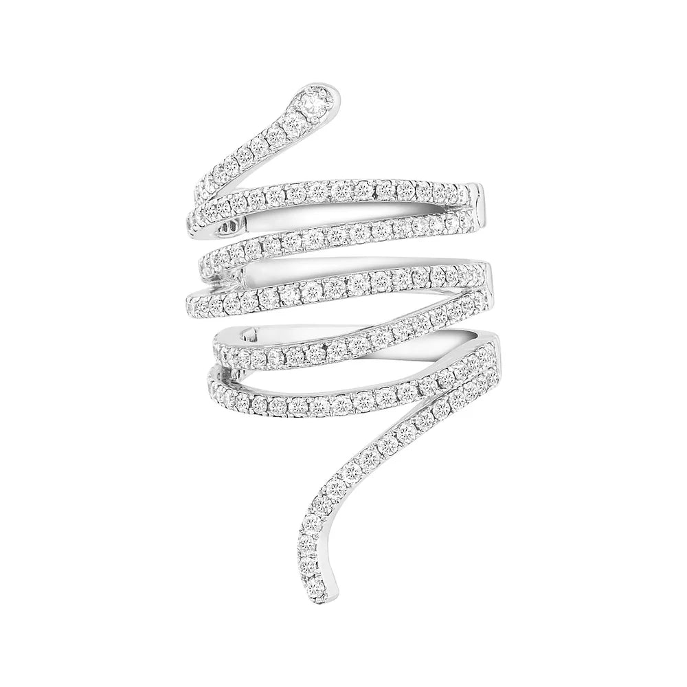 White gold cocktail coil ring on white background.