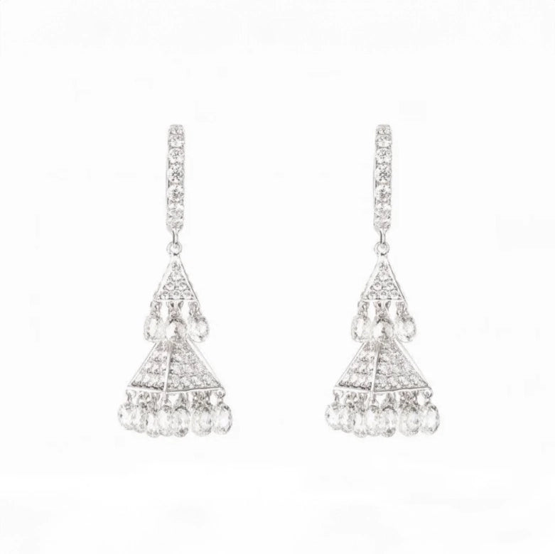 White gold Diamond Briolette Earrings on white background.