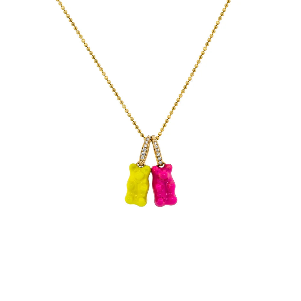 Yellow Gold Diamond Gummy Bear Charm - Pink / Yellow on white background