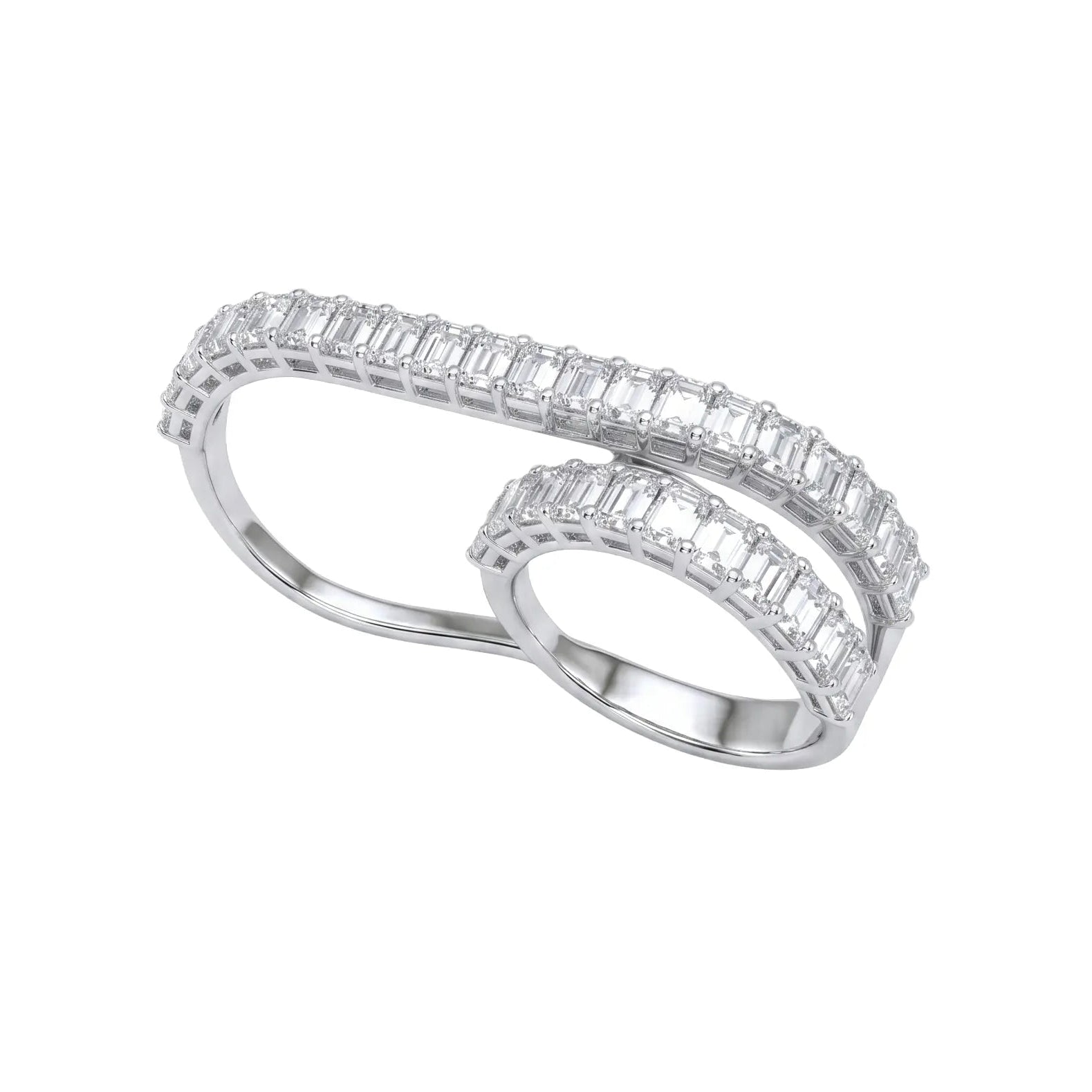 White Gold Emerald cut diamond double finger ring on white background