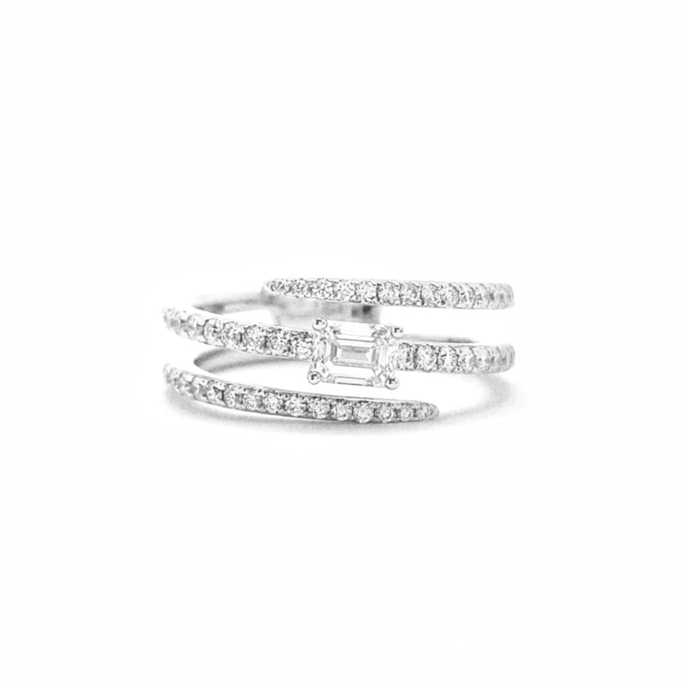 White gold emerald cut snake ring on white background