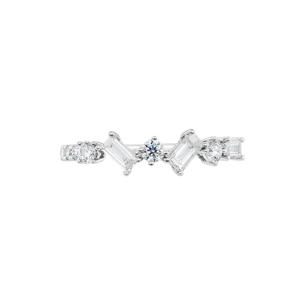 White gold Emerald and Round Half Eternity Ring on white background.