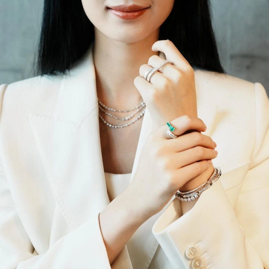 Gradual Emerald and Diamond Open Ring