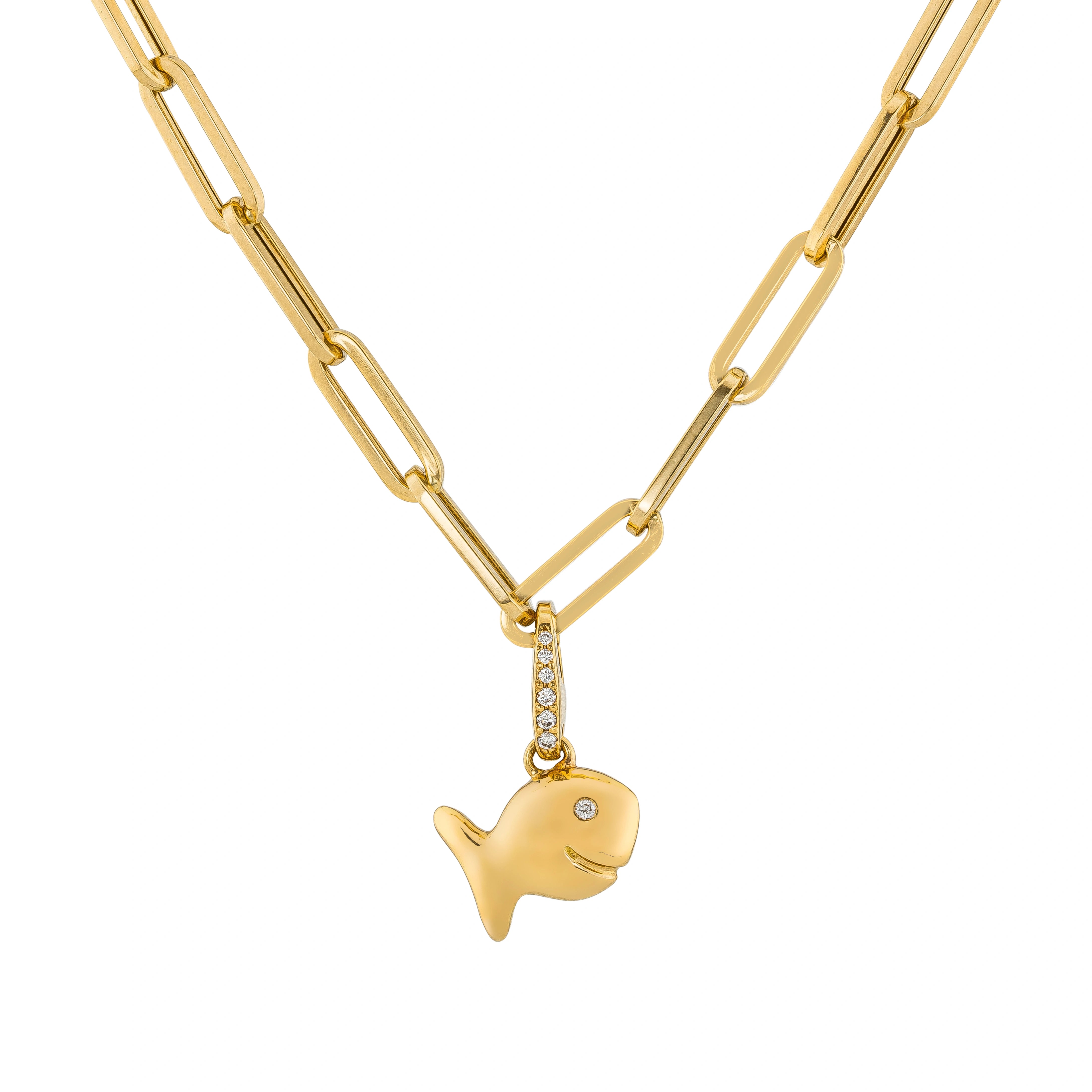 Yellow Gold chain necklace with a goldfish pendant on white background