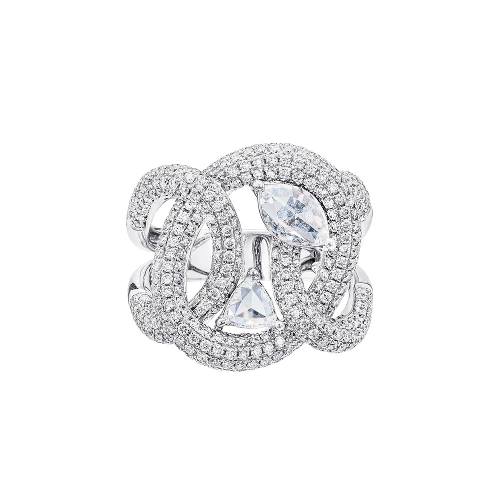 White Gold Half Diamond Chain Ring with Rose Cuts