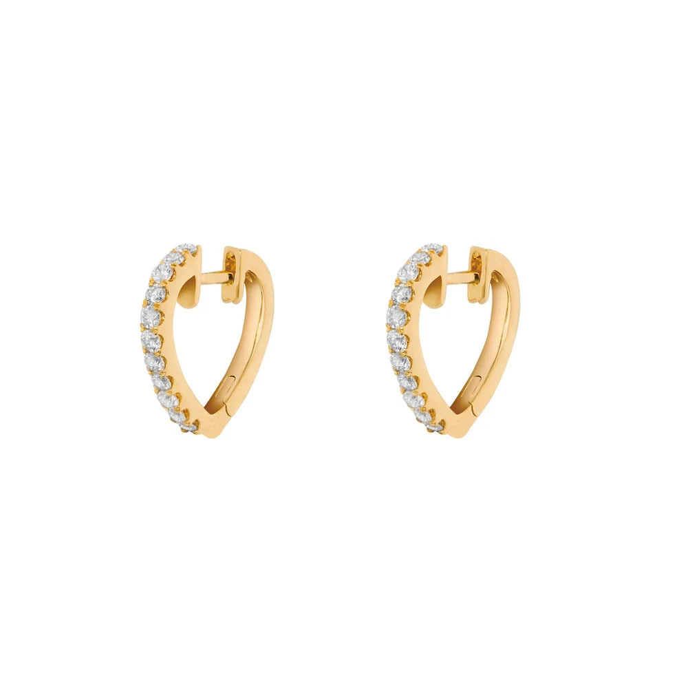 Yellow gold heart shaped diamond hoops on white background