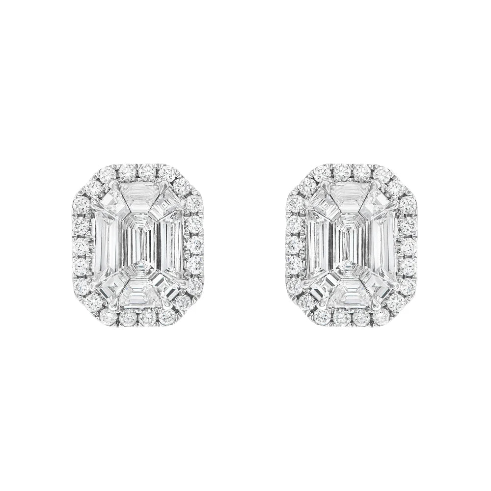 White gold Illusion Emerald Cut Diamond Studs on white background.