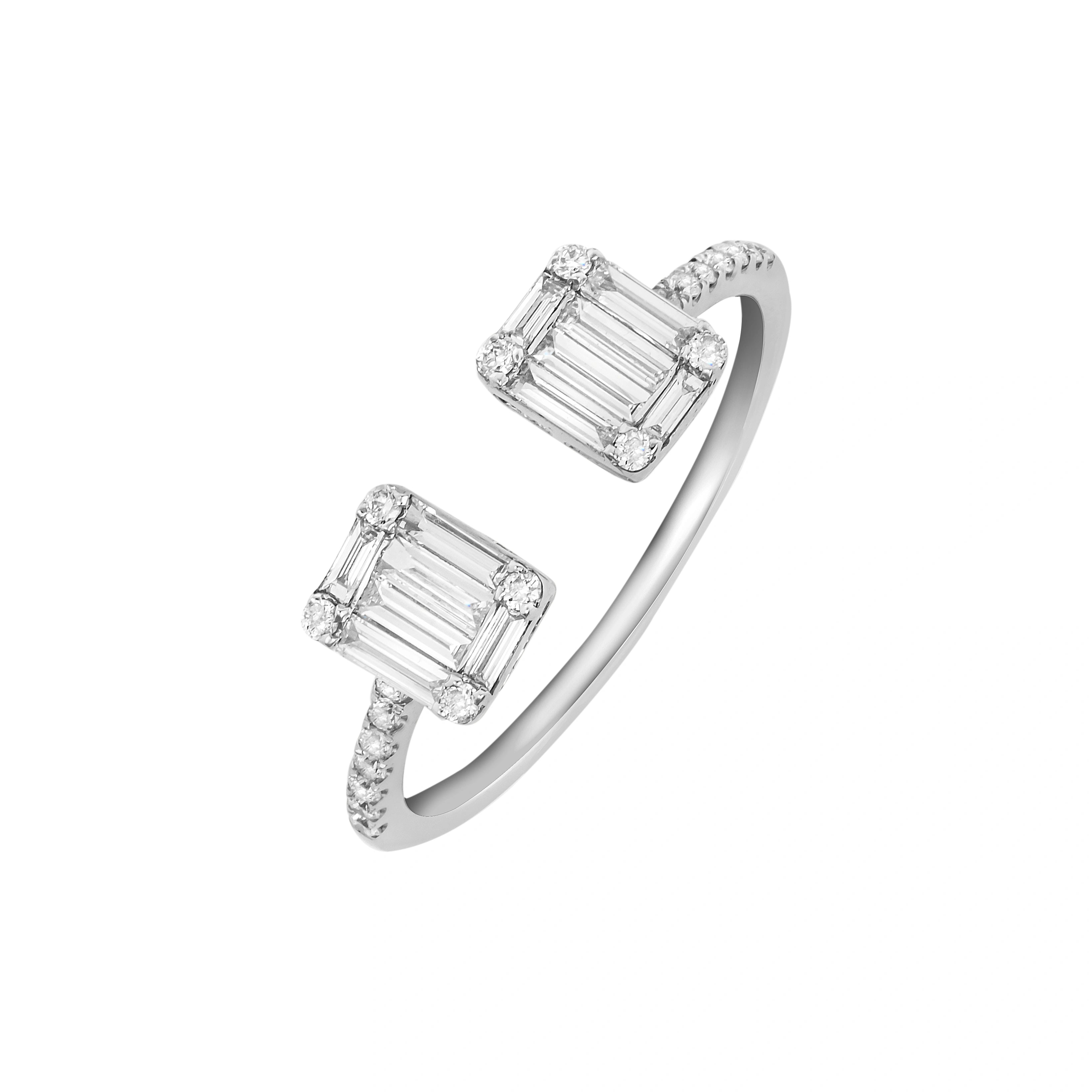 White gold illusion emerald cut open ring on white background