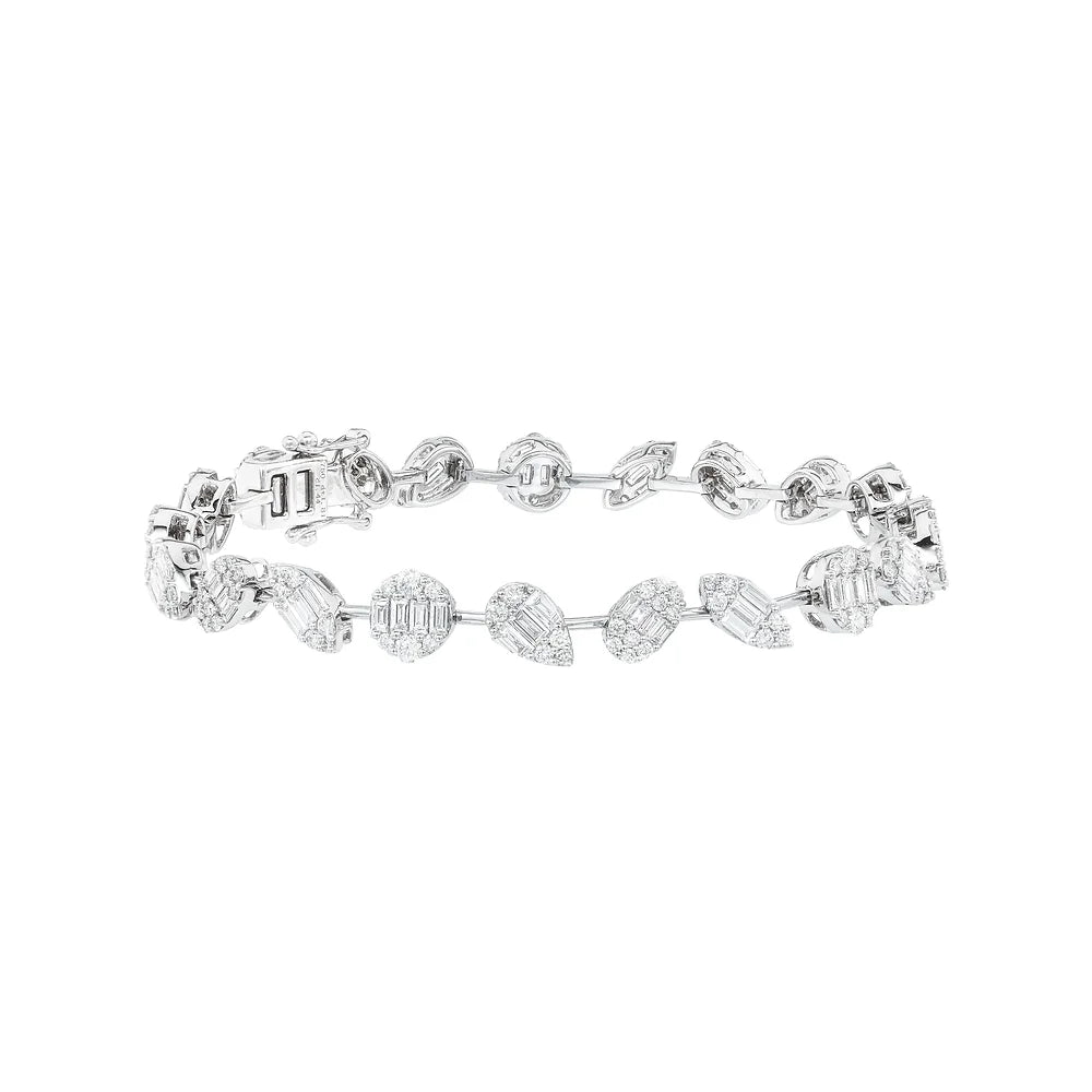 White Gold Illusion Multi shape Diamond Bracelet on white background.