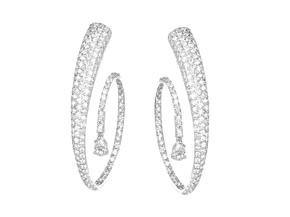 White gold modern diamond hoops on white background.