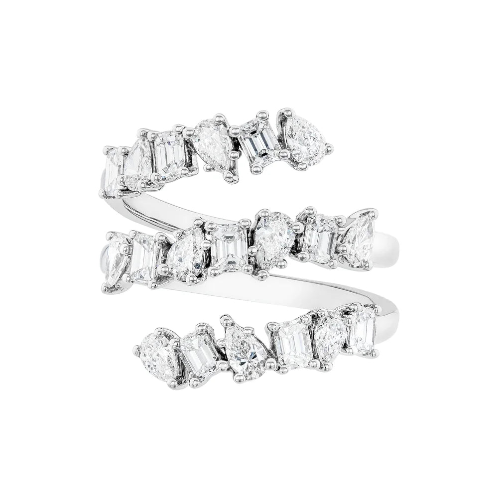 White gold Multi-shape Three Row Diamond Coil Ring on white background