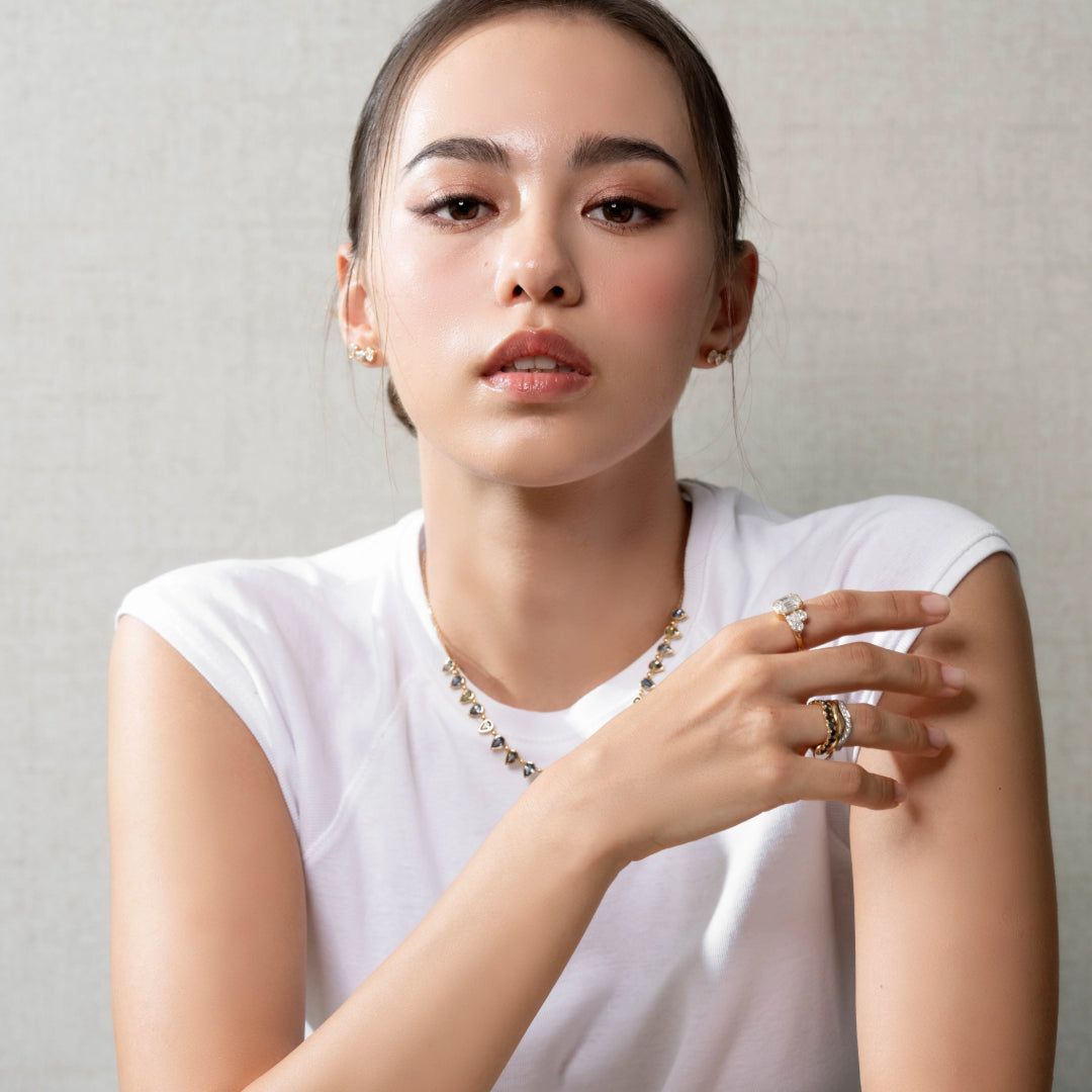 Woman wearing organic trio ring
