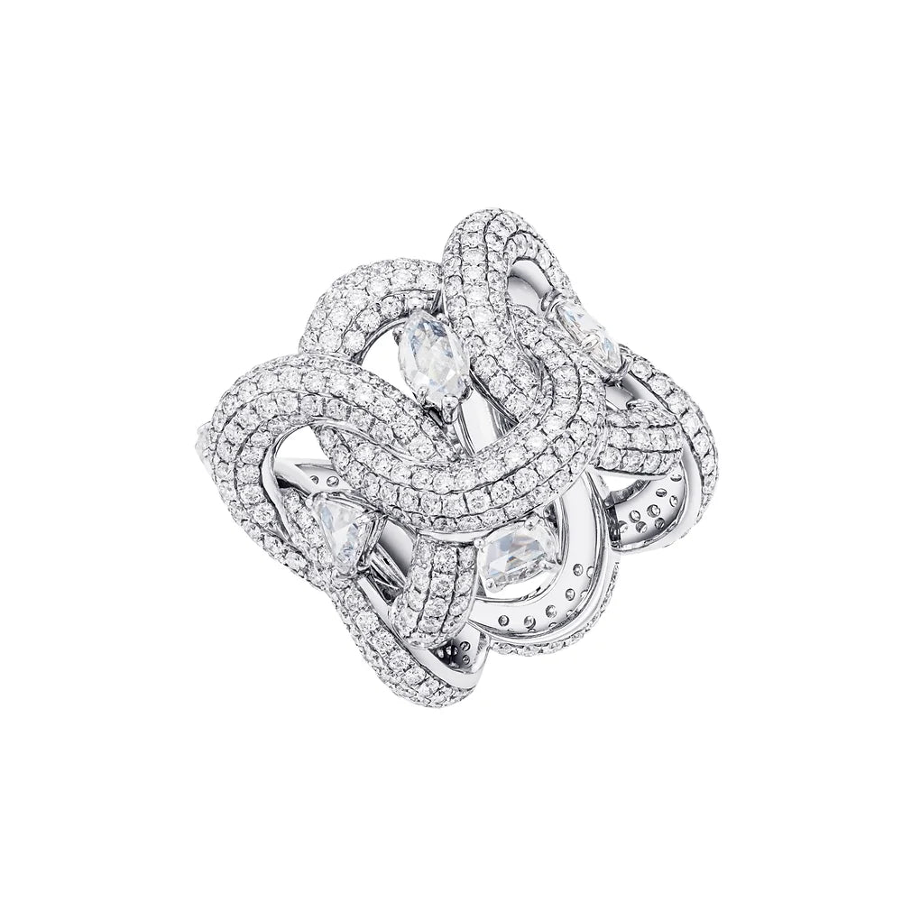 White Gold Pave Diamond Chain Ring with Rose Cuts on white background