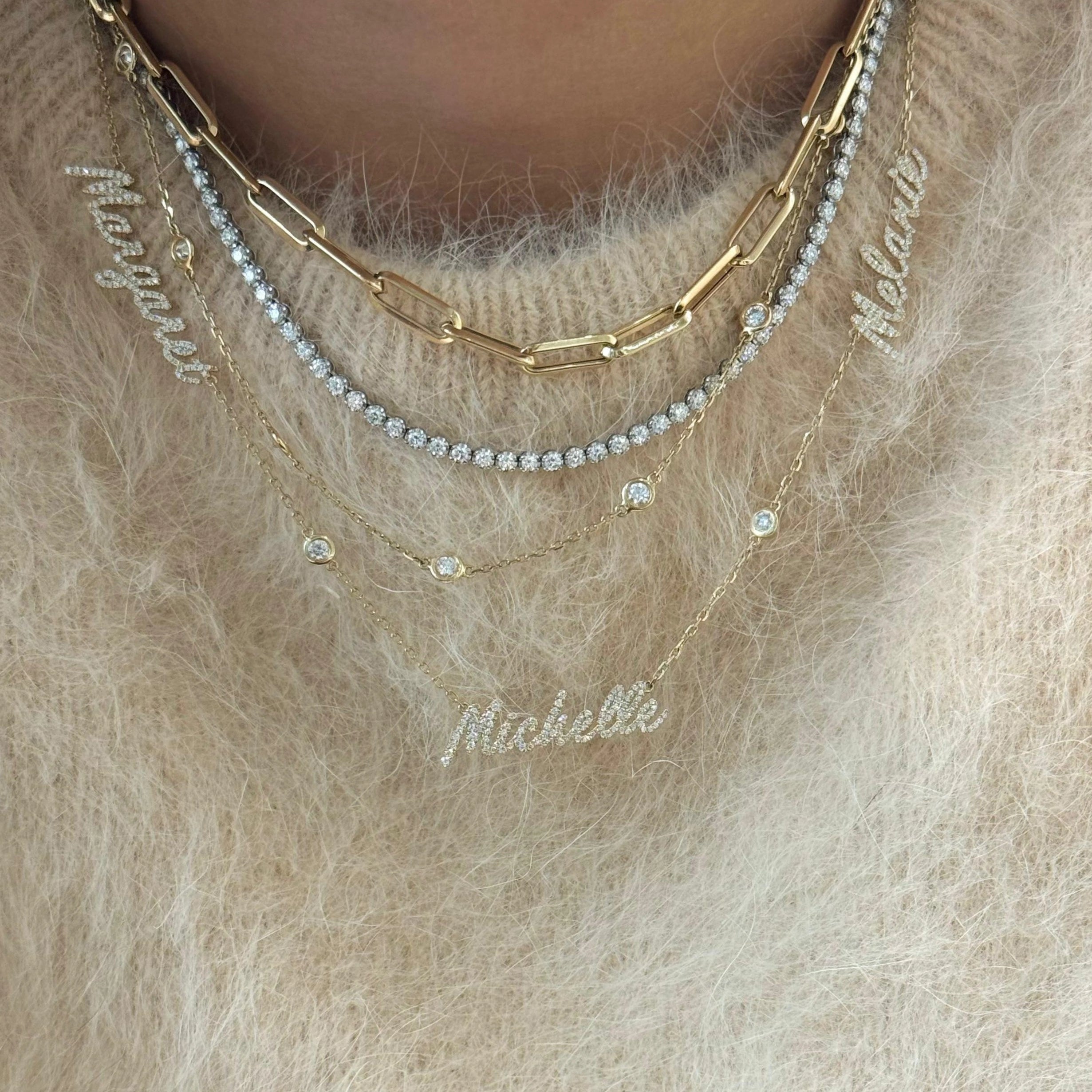Personalized Diamond Script Three Name Necklace