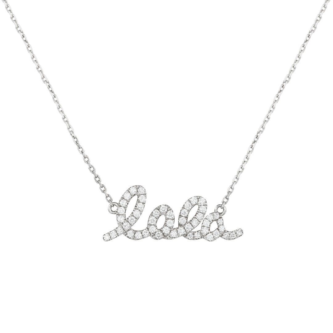 Diamond necklace with 'lola' on white background.