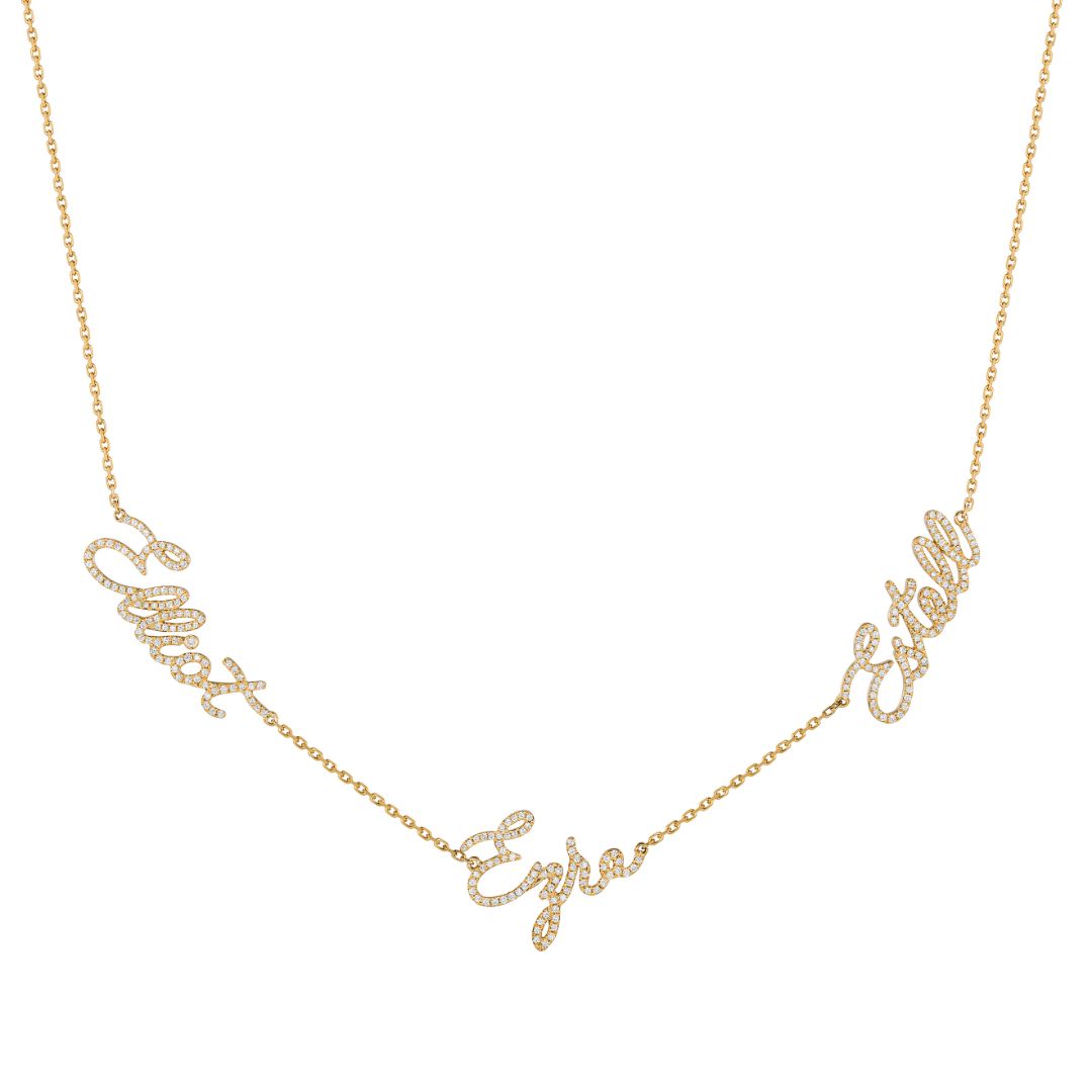 Yellow gold Personalized Diamond Script Three Name Necklace on white background