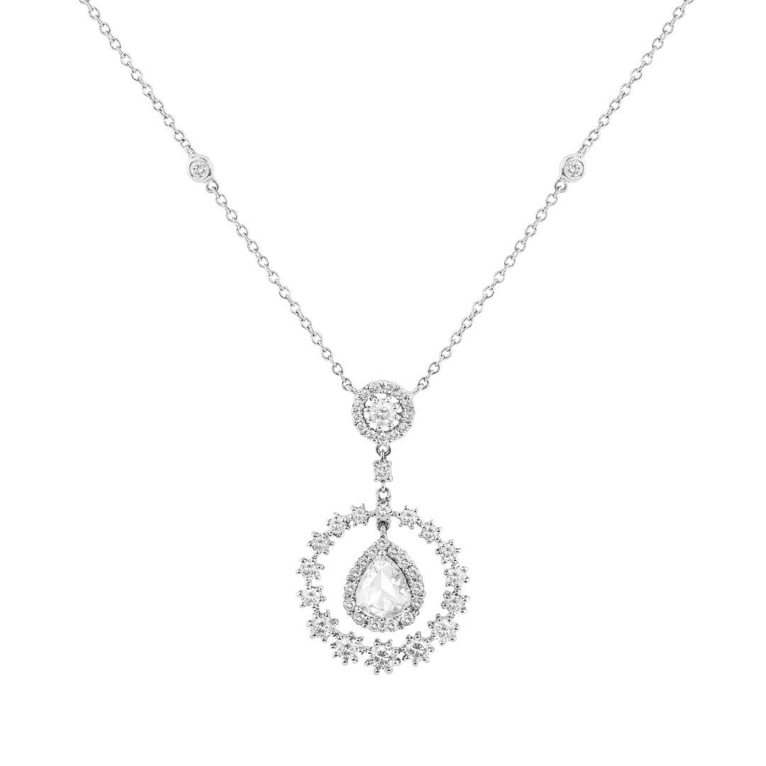 Rose cut diamond necklace with a teardrop pendant on white background