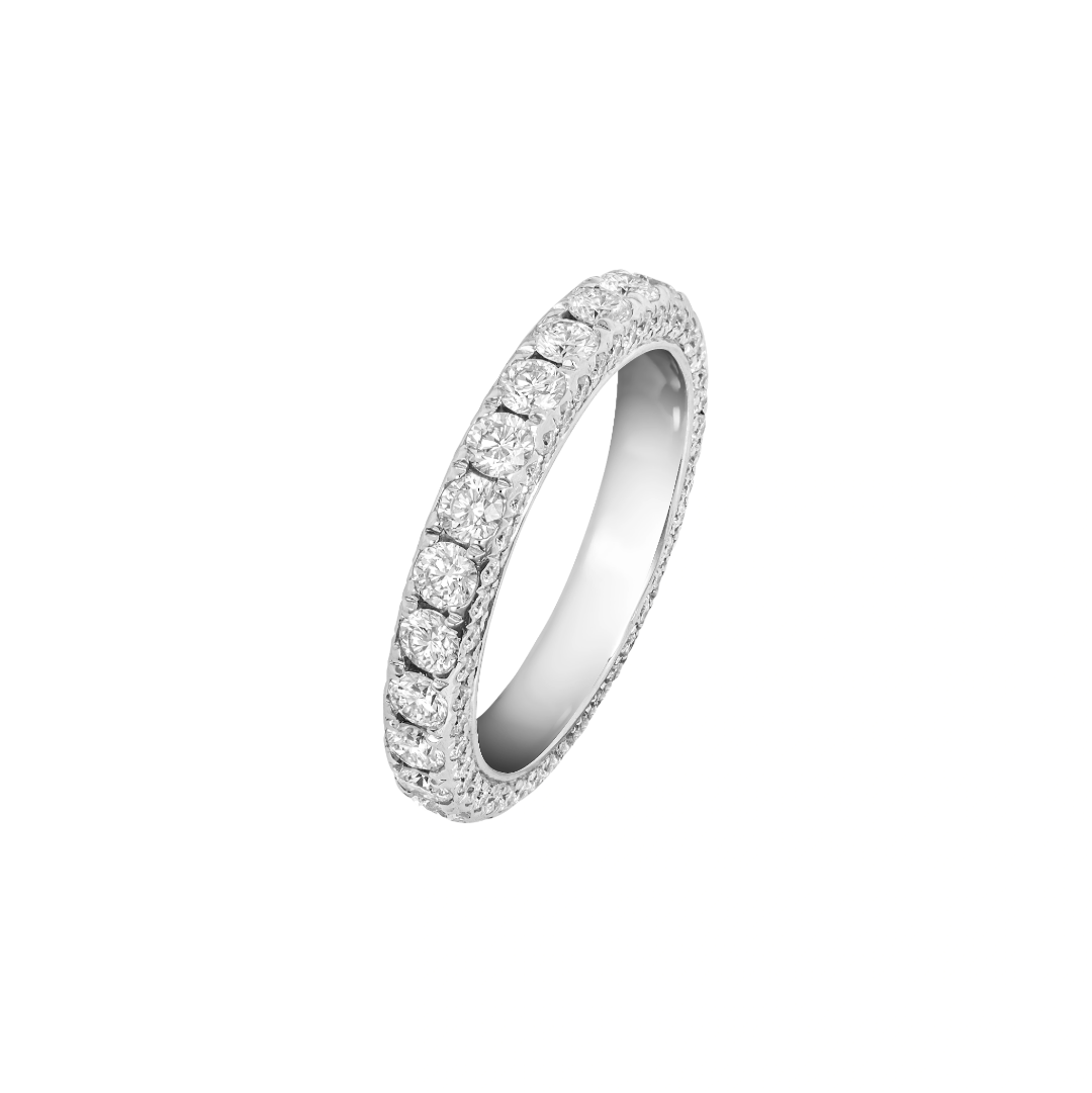White gold three-sided diamond eternity ring on white background