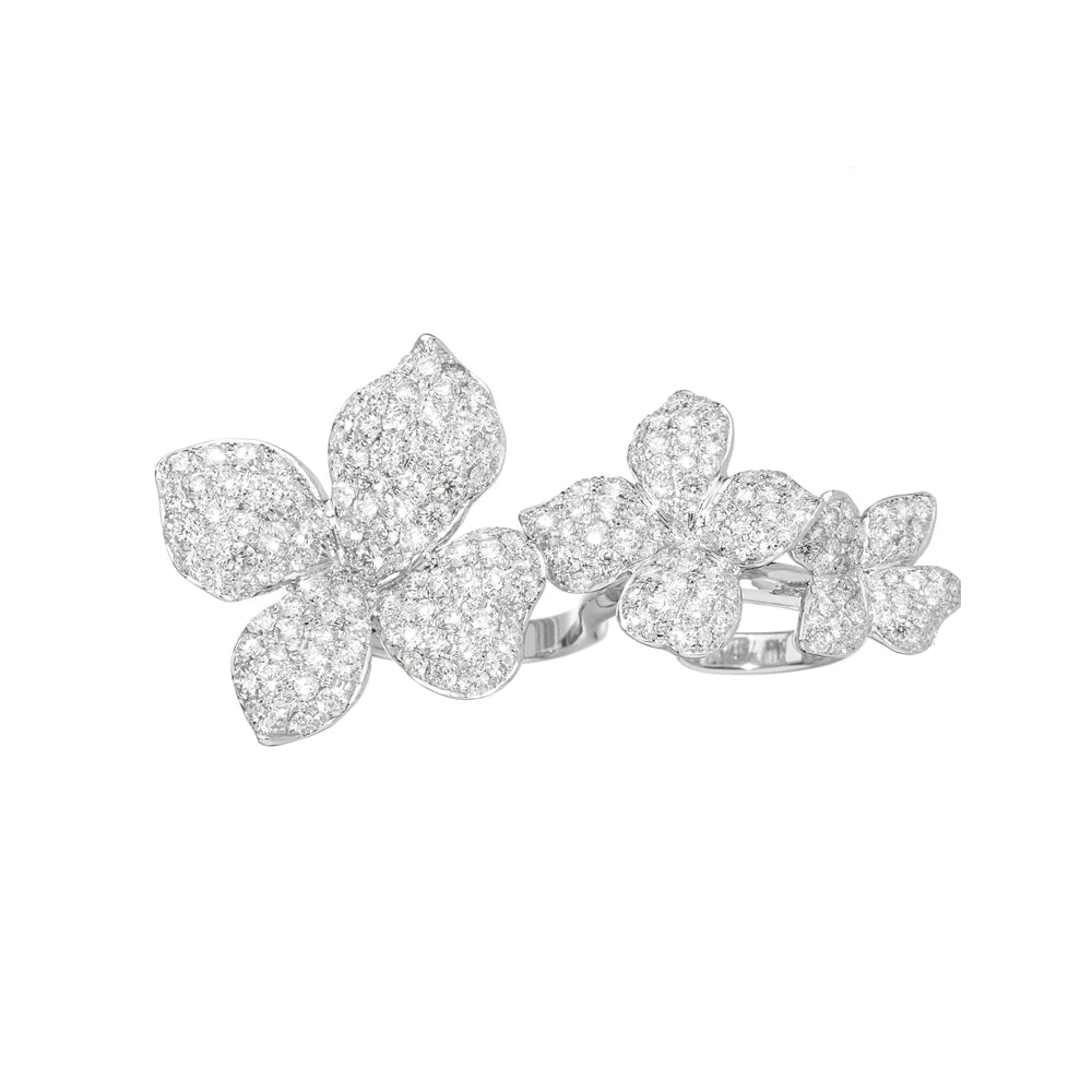 White gold Two Finger Diamond Flower Ring on white background